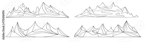 Four distinct line art illustrations of mountain landscapes in a row vector 10 eps