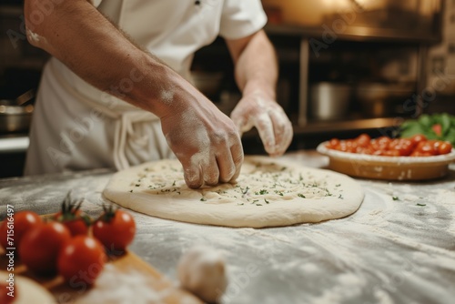 Chef Kneading Dough For An Authentic Pizza In A Pizzeria Kitchen