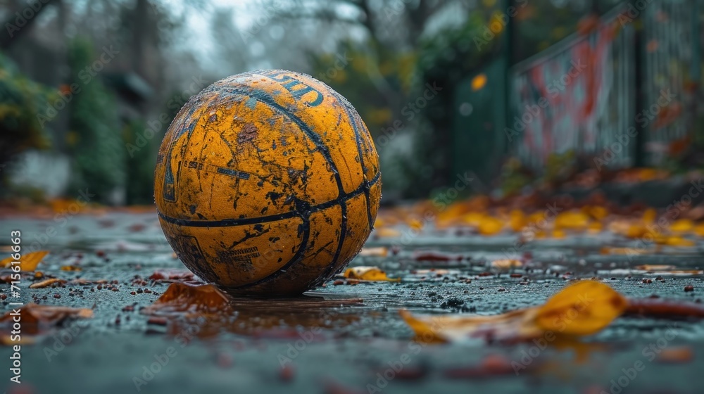 dirty basketball ball in puddle