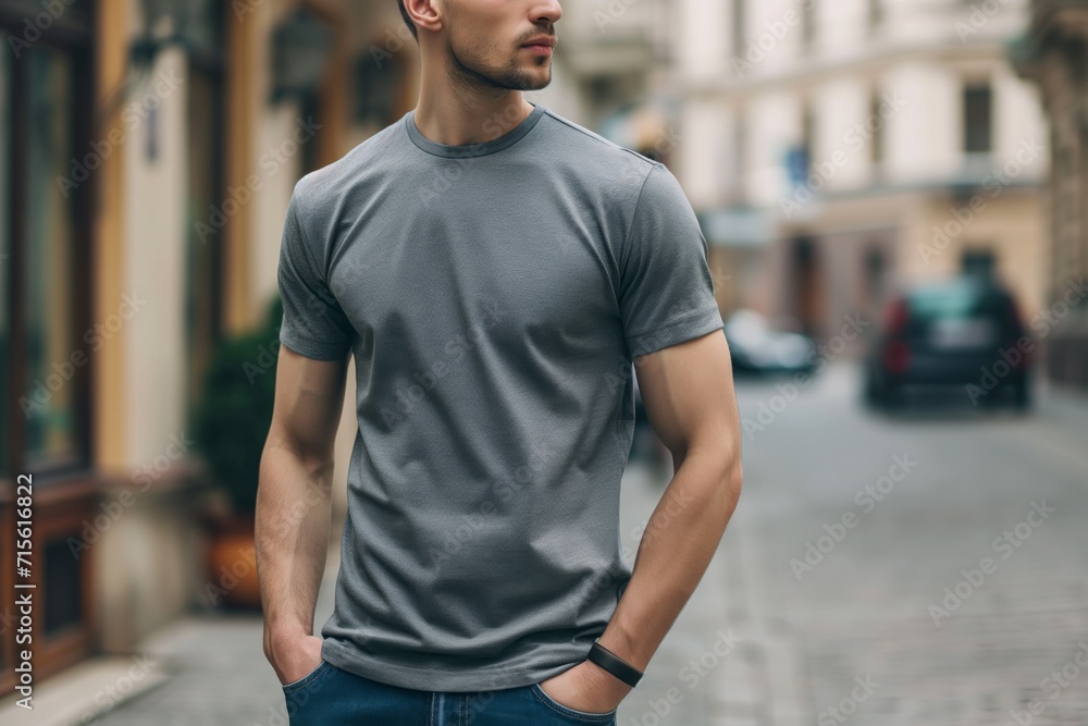 Mockup: Street Scene With Man Wearing Grey T-Shirt