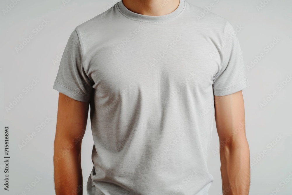 Man In Light Gray Tshirt On White Background, Mockup Man In Light Gray Tshirt On White Background, Mockup