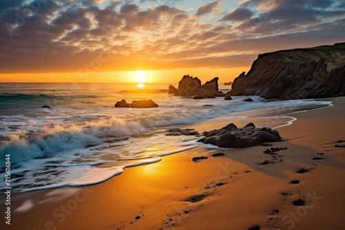 Serene Sunset Reflections on California s Beautiful Malibu Beach  A Colorful Coastal Landscape with Waves  Rocks  and Scenic Island Horizon