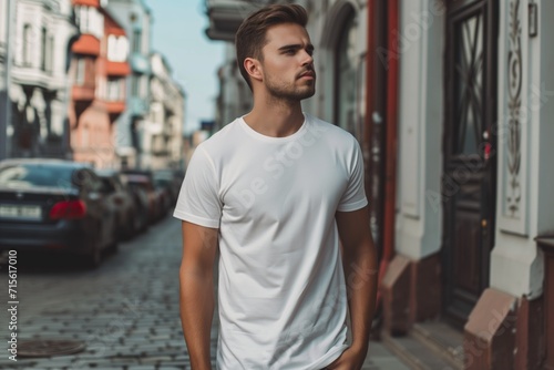 Mockup Of Man Wearing White T-Shirt On The Street