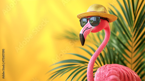 Pink flamingo with sunglasses and hat under palm leaf on yellow summer background, generative ai