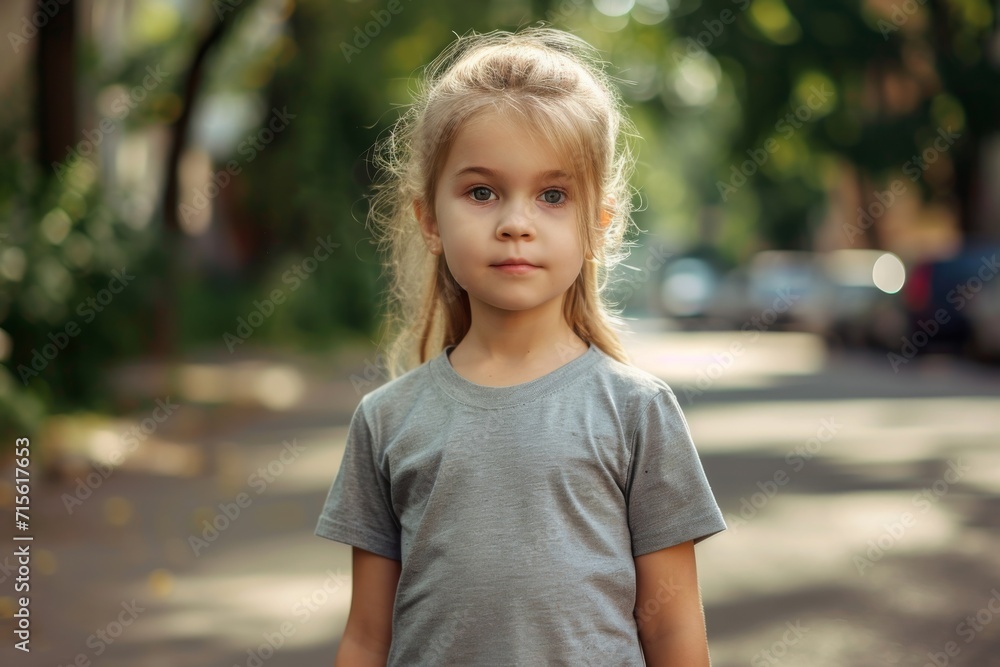 The Little Girl In Grey Tshirt On The Street, Mockup The Little Girl In Grey Tshirt On The Street, Mockup
