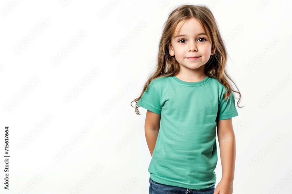 The Little Girl In Green Tshirt On White Background, Mockup The Little Girl In Green Tshirt On White Background, Mockup