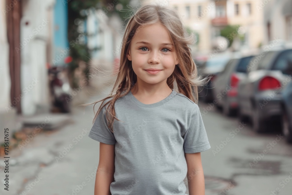 The Mockup Of A Little Girl Wearing A Grey T-Shirt On The Street The Mockup Of A Little Girl Wearing A Grey T-Shirt On The Street