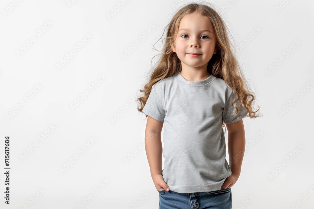 Mockup Of Little Girl Wearing Gray T-Shirt On White Background Mockup Of Little Girl Wearing Gray T-Shirt On White Background