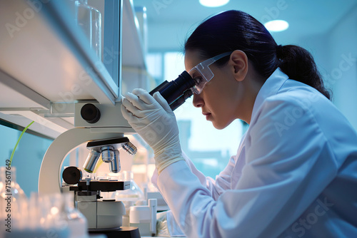 Generative AI illustration of focused female scientist is meticulously analyzing samples through a microscope in well-equipped laboratory environment photo