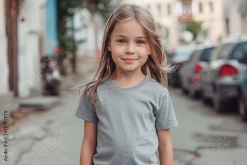 The Mockup Of A Little Girl Wearing A Grey T-Shirt On The Street © Anastasiia