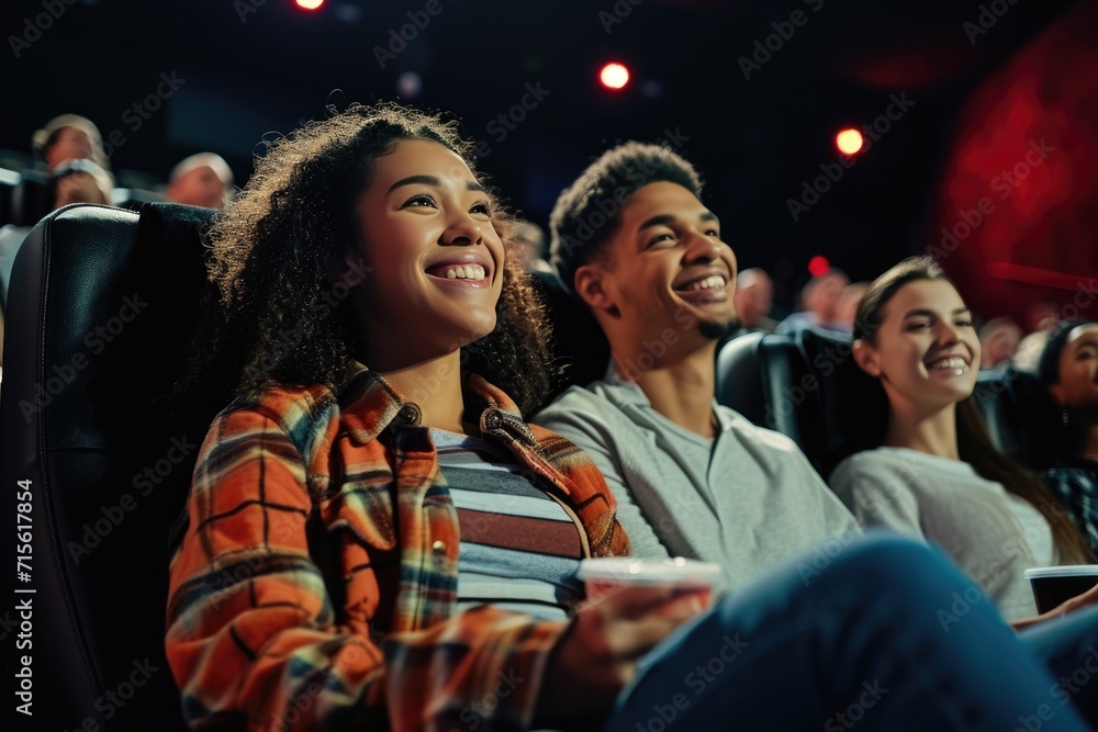 Side view of smiling caucasian girl enjoying film with friends.