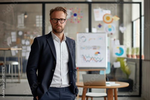 Portrait of handsome creative businessman looking at camera in office.