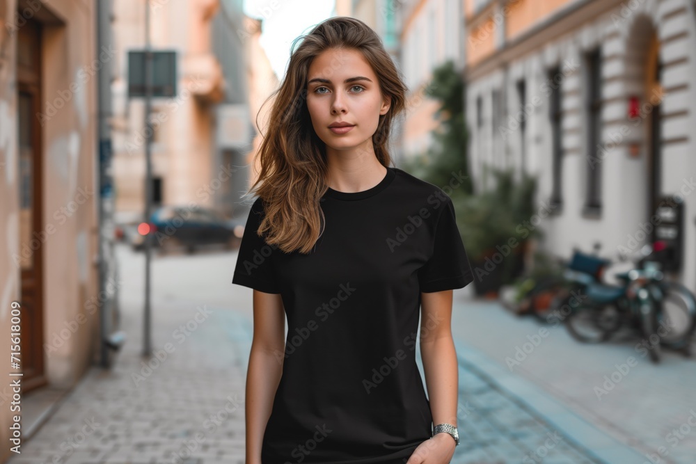 Mockup Of Woman Wearing Black T-Shirt Outdoors