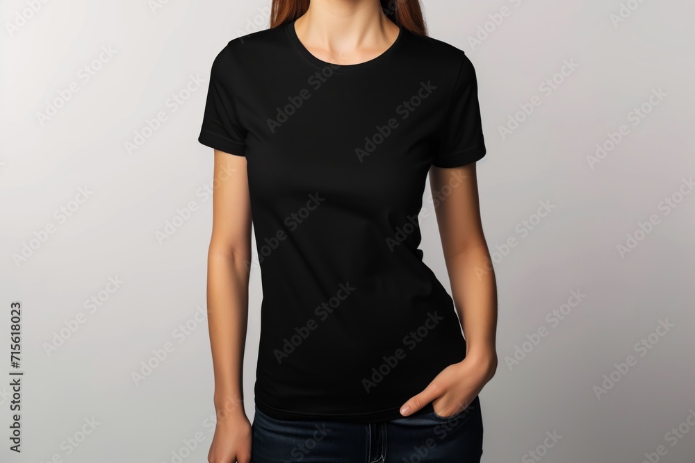 Woman In Black Tshirt On White Background, Mockup Woman In Black Tshirt On White Background, Mockup