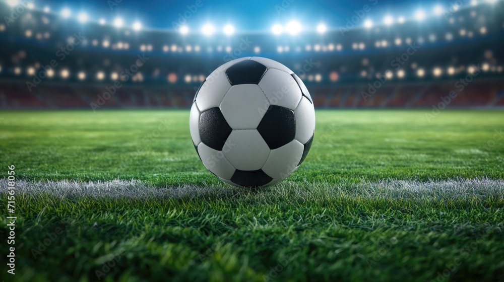 Obraz premium Soccer ball in a stadium with lights. A classic black and white soccer ball on green grass in the center of a stadium.