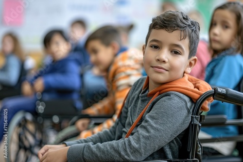 Disabled child on wheelchair. Life in the education age of special children. photo