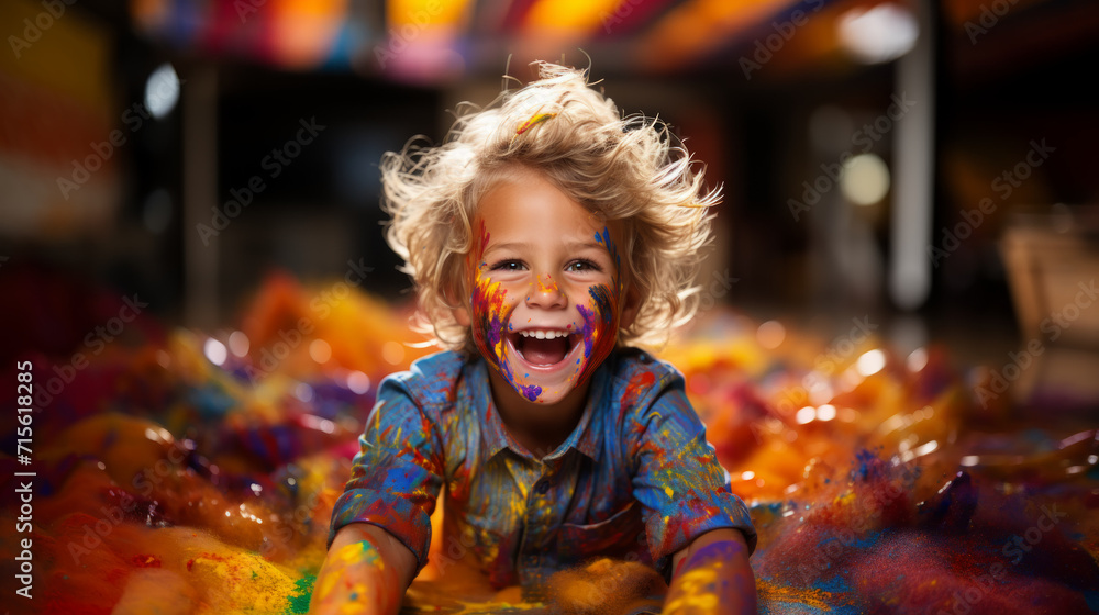 Happy laughing boy smeared in colourful paint