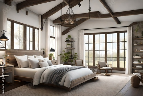 The fusion of the farmhouse and modern styles in this bedroom creates a retreat that is both stylish and comforting, making it the perfect haven for relaxation and peaceful nights.    © Noor