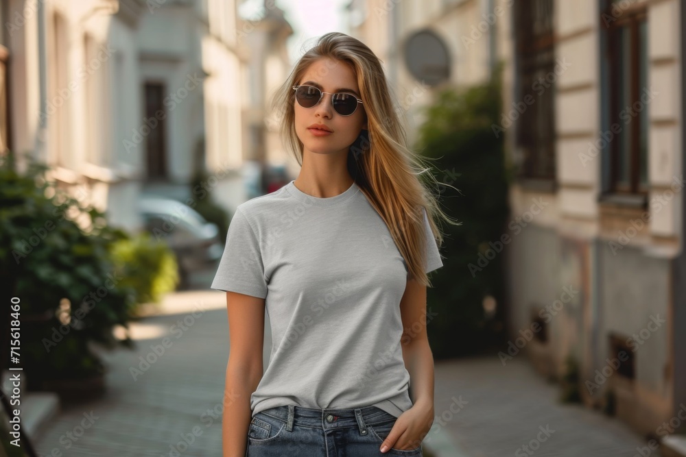Silver T-Shirt Mockup Featuring Woman On The Street