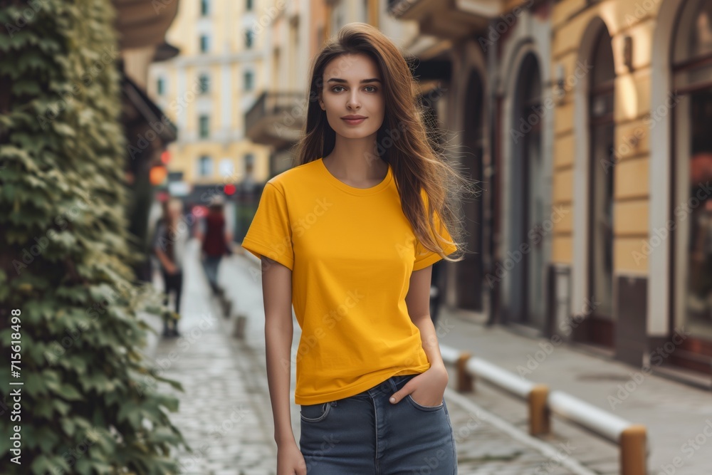 Woman Wearing A Yellow T-Shirt Posing On The Street: Mockup