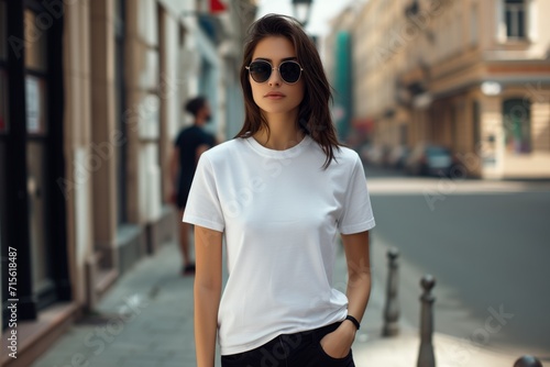 White T-Shirt Mockup Featuring Woman On The Street. Сoncept Fashion Photography, Street Style, T-Shirt Mockup, Woman Model, Urban Vibes