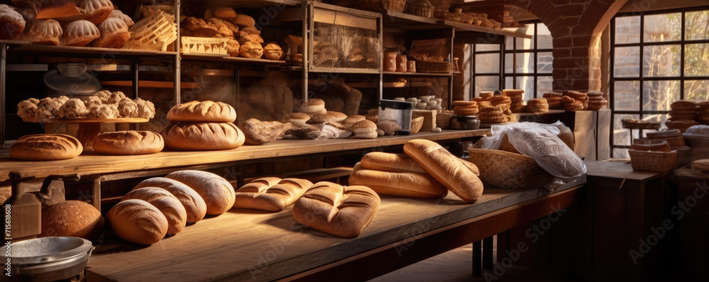 Traditional bakery shop with assortment of bread. banner Traditional bakery shop with assortment of bread. banner