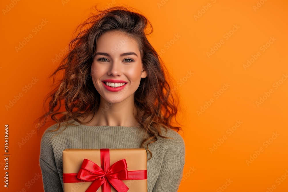 Fototapeta premium Woman With The Gift Box On Orange Background