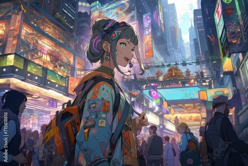 Glimpse A Cybernetic Heroine Navigating A Bustling Asian Megacity With Style Standard. Сoncept Cybernetic Heroine, Asian Megacity, Futuristic Style, Technological Bustle, Adventure And Fashion