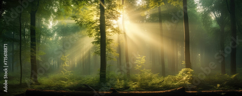 Beautiful sunny rays of light in green forest. Mystic forest. © amazingfotommm