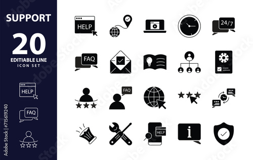 Support and customer icons Pixel perfect. Black fill icons set. tools, control, social, assistant, assistant, client, contact, cyberspace, desktop, feedback, fix, help, message, operator, ...
