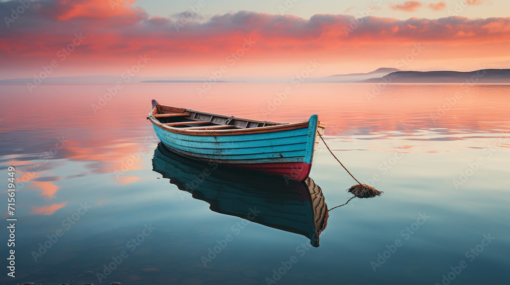Orange Horizon Over a Tranquil Evening Sea with a Boat Sailing into the Dusk Sky. Orange Horizon Over a Tranquil Evening Sea with a Boat Sailing into the Dusk Sky.