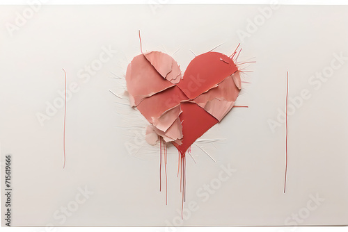 Broken Heart Red Heart On white background, damaged paper heart, heartbroken, breakup concept photo
