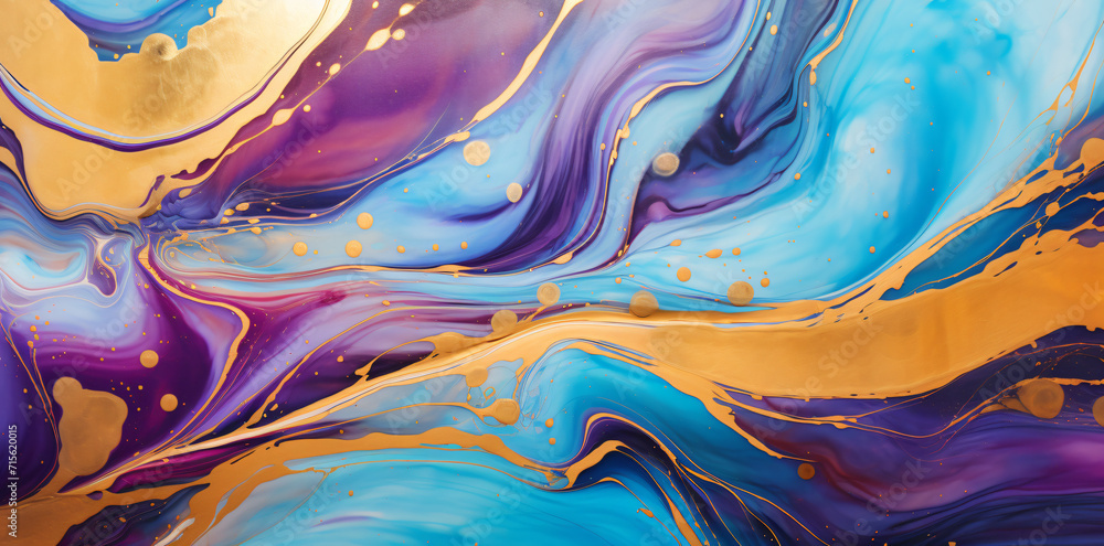 Fototapeta premium with gold, blue, and pink colors, this oil painting is stunning, in the style of fluid photography, decorative backgrounds, aerial view, marble, dark purple 