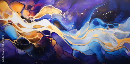 with gold, blue, and pink colors, this oil painting is stunning, in the style of fluid photography, decorative backgrounds, aerial view, marble, dark purple 