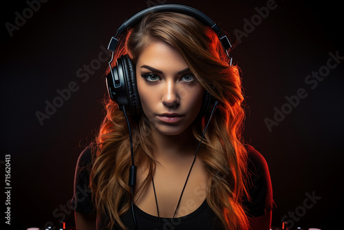 Dj person girl guy on stage turning on best music beat headphones turntable equipment Generative AI photo