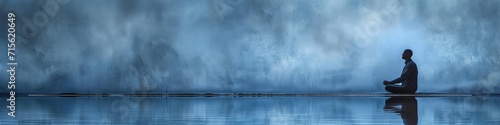 A panoramic photorealistic serene backdrop  illustration of a person meditating, featuring a soft focus in a banner poster format. Generative AI