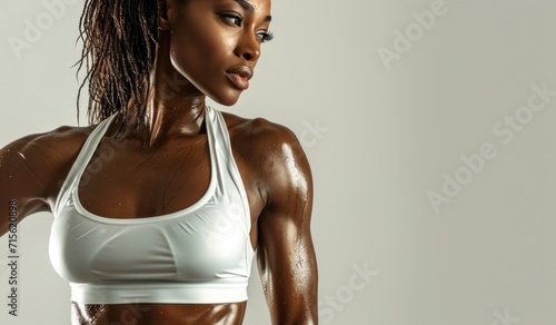 Close up of exhausted and sexy fitness black woman after heavy exercise to loss weight. Fit, sweaty and young female athletic done with sports training against wall background. photo