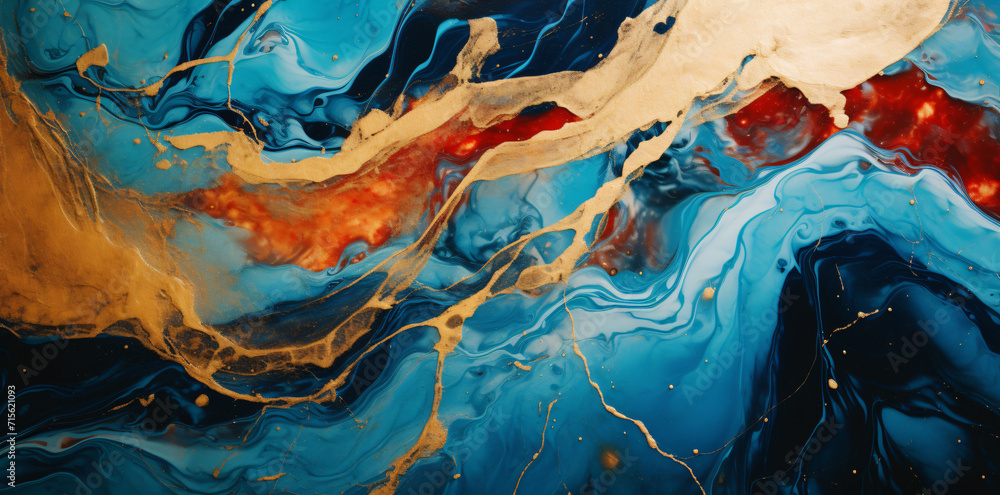 Fototapeta premium an abstract image of a blue and gold liquid, in the style of photorealistic details, light gold and red, dark turquoise and dark amber, abstraction-création, resin, calming