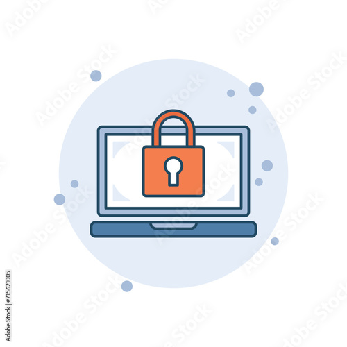 Cartoon laptop with lock icon vector illustration. Padlock on bubbles background. Access sign concept.