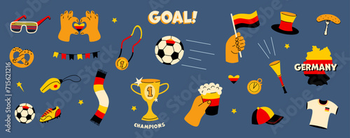 Football Germany fan element set. Football match championship items: shirt, scarf, whistle, ball, goal, tournament cup, trumpet, hat, trophy, ball, boots. Hand with German flag and beer.
