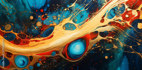 an abstract image of a blue and gold liquid, in the style of photorealistic details, light gold and red, dark turquoise and dark amber, abstraction-création, resin, calming 
