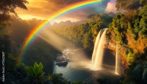 Spectacular Harmony  A Colorful Rainbow Arches Over a Majestic Waterfall in a Tropical Jungle  Creating a Breathtaking Display of Vibrant Hues and Exotic Beauty. AI Generated