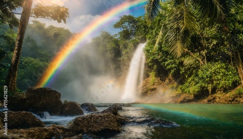 Spectacular Harmony  A Colorful Rainbow Arches Over a Majestic Waterfall in a Tropical Jungle  Creating a Breathtaking Display of Vibrant Hues and Exotic Beauty. AI Generated