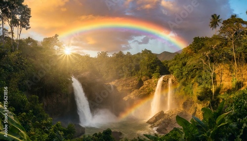 Spectacular Harmony  A Colorful Rainbow Arches Over a Majestic Waterfall in a Tropical Jungle  Creating a Breathtaking Display of Vibrant Hues and Exotic Beauty. AI Generated