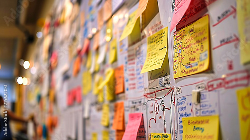 Creativity and Ideas Wall: Office wall covered with colorful sticky notes, symbolizing a creative space for generating and organizing ideas photo