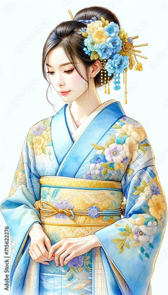 青地に金糸の刺繍の着物を着た美しい日本人女性