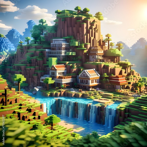 Minecraft inspired village. Minecraft texture world. Generative AI. 