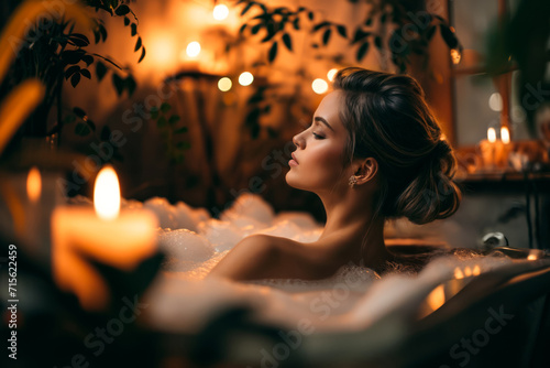 Relaxing home spa setting, bathed in Peach Fuzz tones, with a woman enjoying a serene moment in a bubble bath, surrounded by scented candles and soft towels, evoking luxury and tranquility
