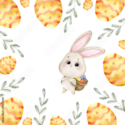 Hand-drawn watercolor illustration with easter bunny and eggs. Composition for decoration and design souvenirs, posters, postcards, prints.