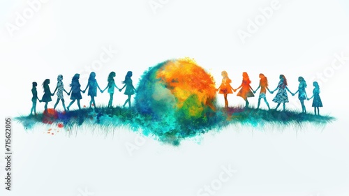 silhouettes of women standing side by side, holding hands, and girdling the globe. concept of a strong and independent woman. International Women's Day